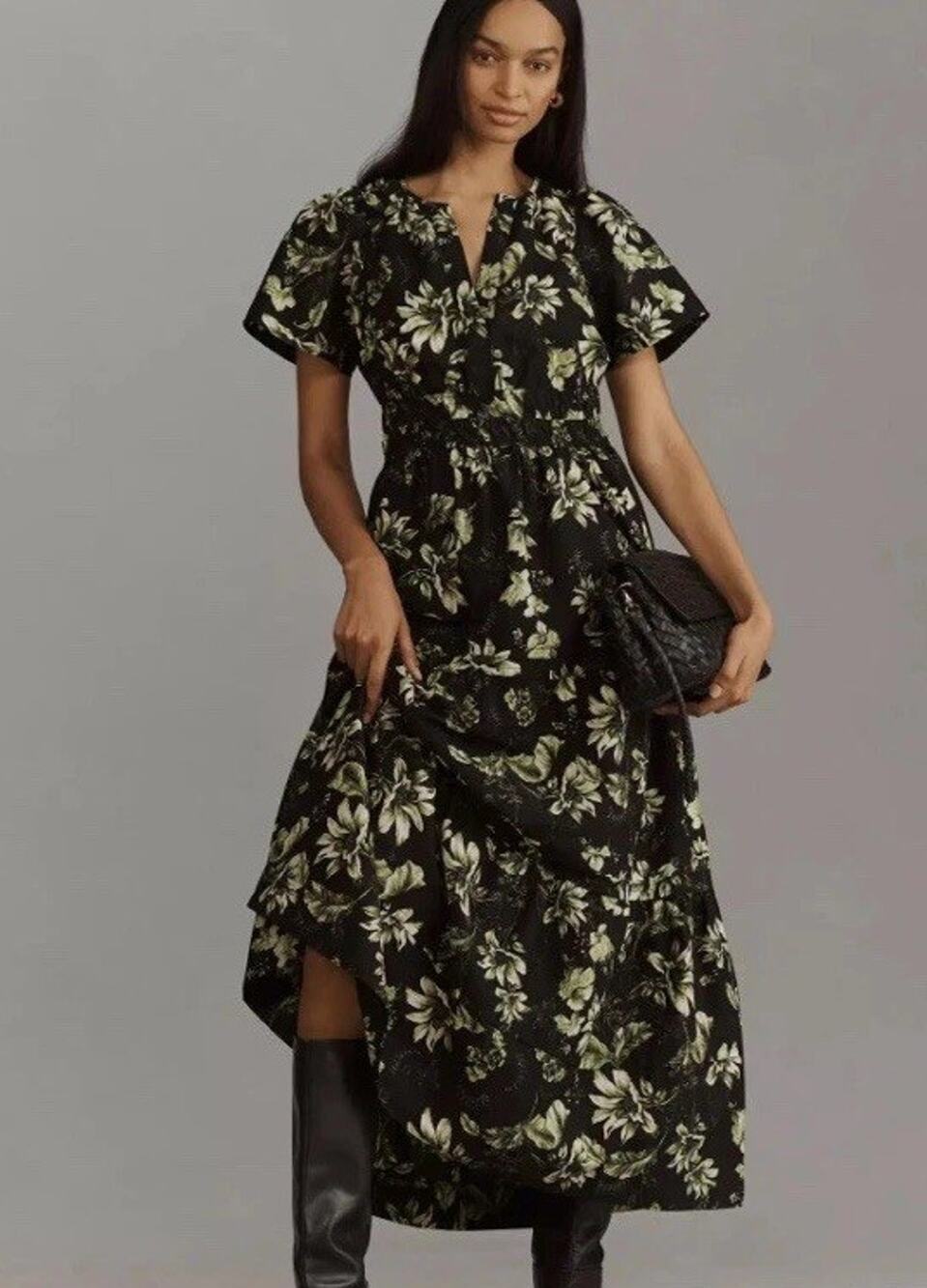 Anthropologie The Somerset Maxi Dress Cotton Tiered Black Green Floral Size XXS